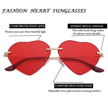 SDINM Heart Sunglasses for Women Rimless Sun Glasses Cute Pink Black Glasses Festival Party Hippie Glasses