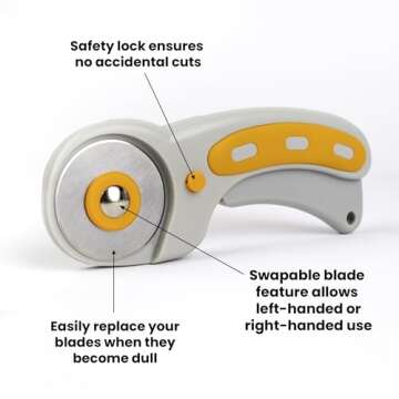 WA Portman Rotary Cutter Set & Sewing Cutting Mat - 45mm Rotary Cutter for Fabric & 5 Blades - 24x36 Inch Fabric Mat - 6x24 Inch Quilting Ruler Cutting Wheel