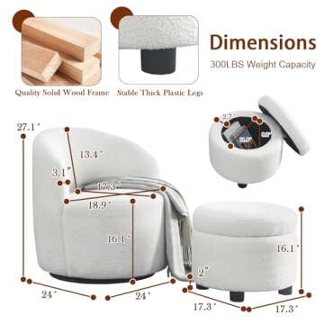 Swivel Barrel Chair with Storage Ottoman, Comfy Boucle Sherpa Accent Chairs for Living Room, Bedroom...