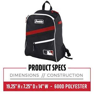 Franklin Sports MLB Baseball Batpack Bag - Youth Baseball, Softball and Teeball Bag - Equipment Backpack For Sports - Holds (2) Bats - Black/Red/White