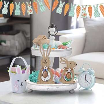 2Pcs Easter Decorations for the Home Farmhouse Rustic Wooden Bunny with Egg Easter Tiered Tray Decor Happy Spring Decoration for Indoor Home Party Easter Tabletop Decoration Easter Gifts for Kids
