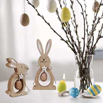 2Pcs Easter Decorations for the Home Farmhouse Rustic Wooden Bunny with Egg Easter Tiered Tray Decor Happy Spring Decoration for Indoor Home Party Easter Tabletop Decoration Easter Gifts for Kids