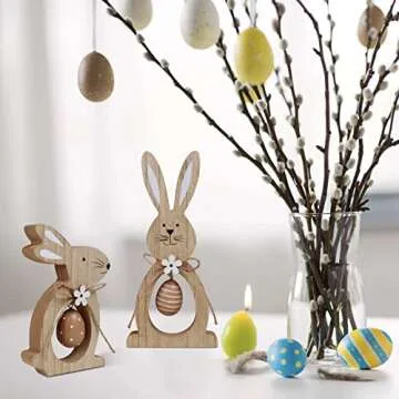 2Pcs Easter Decorations for the Home Farmhouse Rustic Wooden Bunny with Egg Easter Tiered Tray Decor Happy Spring Decoration for Indoor Home Party Easter Tabletop Decoration Easter Gifts for Kids