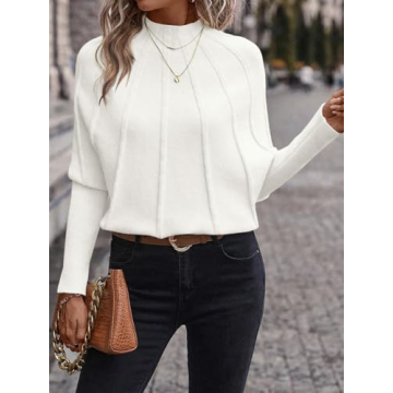 NALANISA Women's Mock Neck Batwing Sleeve Sweaters 2024 Fall Winter Oversized Knit Cute Pullover Sweater Dolman Tops Trendy(White,L)