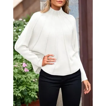 NALANISA Women's Mock Neck Batwing Sleeve Sweaters 2024 Fall Winter Oversized Knit Cute Pullover Sweater Dolman Tops Trendy(White,L)