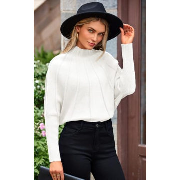 NALANISA Women's Mock Neck Batwing Sleeve Sweaters 2024 Fall Winter Oversized Knit Cute Pullover Sweater Dolman Tops Trendy(White,L)