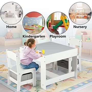 Kinder King Kids Wood Table & Chairs Set with Storage Blackboard