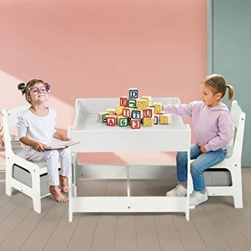 Kinder King Kids Wood Table & Chairs Set with Storage Blackboard