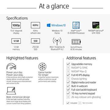 HP Pavilion Gaming 15-Inch Laptop, Intel Core i5-9300H, NVIDIA GeForce GTX 1650, 12GB RAM, 256GB SSD, Windows 10 (15-dk0041nr, Black)