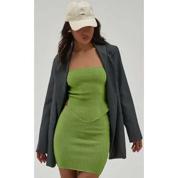 CHYRII Womens Sexy Summer Two Piece Outfits Bandeau Going Out Crop Tops Bodycon Skirt Sets Mini Dress Green M