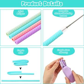 Meanplan 4 Sets Silicone Straws with Case Reusable Silicone Foldable Portable Drinking Straw Set for Party Travel Cold or Hot with 4 Carry Case, 4 Cleaning Brushes 7 5/7 Inch Long (Classic Color)