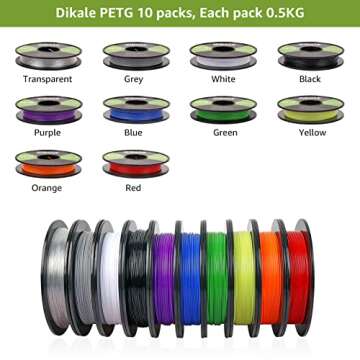 Dikale PETG 3D Printer Filament Bundle with 10 Vibrant Colors