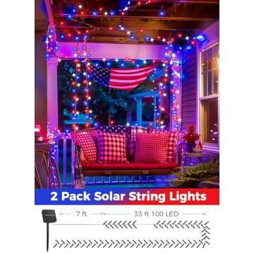Minetom Red White Blue Lights, 2Pack Total 200 LED 80FT 4th of July Patriotic Lights 8 Modes, Waterproof Solar String Lights Outdoor,Solar String Lights for Outside Independence Day Memorial Day Decor
