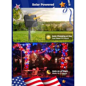 Minetom Red White Blue Lights, 2Pack Total 200 LED 80FT 4th of July Patriotic Lights 8 Modes, Waterproof Solar String Lights Outdoor,Solar String Lights for Outside Independence Day Memorial Day Decor