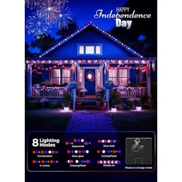 Minetom Red White Blue Lights, 2Pack Total 200 LED 80FT 4th of July Patriotic Lights 8 Modes, Waterproof Solar String Lights Outdoor,Solar String Lights for Outside Independence Day Memorial Day Decor