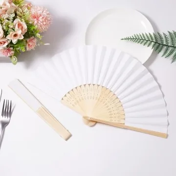 Durable 50pcs White Paper Hand Fans for Weddings