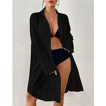 Bsubseach Button Down Shirts Swimsuit Cover Up Beach Coverups for Swimwear Women Blouse Black