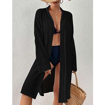 Bsubseach Button Down Shirts Swimsuit Cover Up Beach Coverups for Swimwear Women Blouse Black