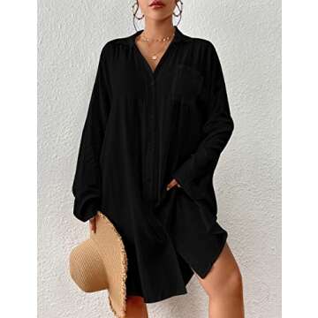 Bsubseach Button Down Shirts Swimsuit Cover Up Beach Coverups for Swimwear Women Blouse Black