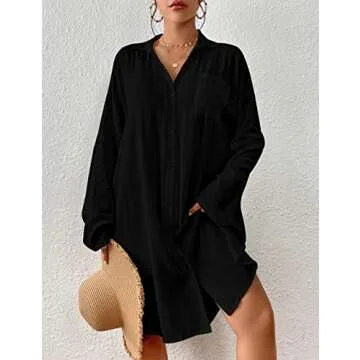 Bsubseach Button Down Shirts Swimsuit Cover Up Beach Coverups for Swimwear Women Blouse Black