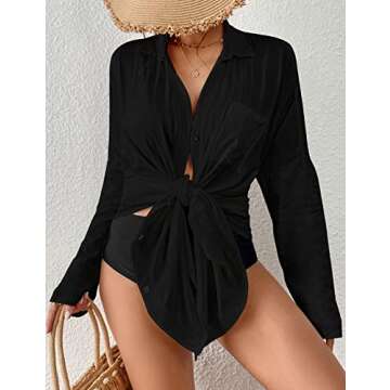 Bsubseach Button Down Shirts Swimsuit Cover Up Beach Coverups for Swimwear Women Blouse Black