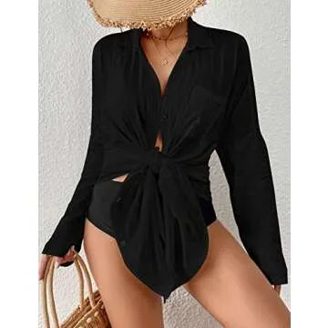 Bsubseach Button Down Shirts Swimsuit Cover Up Beach Coverups for Swimwear Women Blouse Black