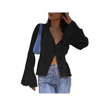 LYANER Women's Deep V Neck Button Front Bell Long Sleeve Blouse Shirt Tops Black Small