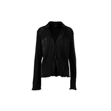 LYANER Women's Deep V Neck Button Front Bell Long Sleeve Blouse Shirt Tops Black Small