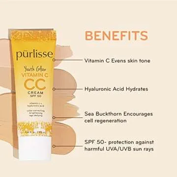 pūrlisse Youth Glow Vitamin C CC Cream SPF 50: Cruelty-Free & Clean, Paraben & Sulfate-Free, Full Coverage, Hydrates with Hyaluronic Acid | Light Medium 1.4oz