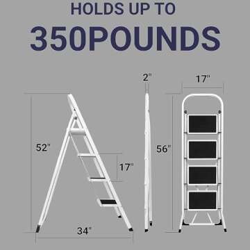 Delxo 4 Step Alloy Steel Folding Stool Portable Ladder with Hand Grip and Secure Locking Mechanism for Indoor or Outdoor Use, White
