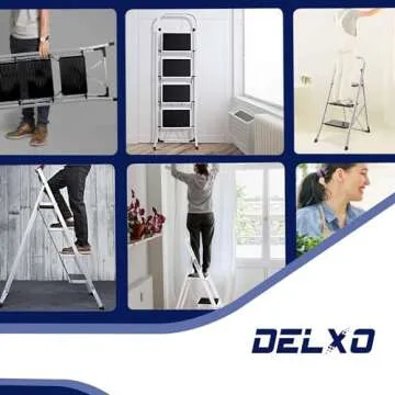 Delxo 4 Step Alloy Steel Folding Stool Portable Ladder with Hand Grip and Secure Locking Mechanism for Indoor or Outdoor Use, White