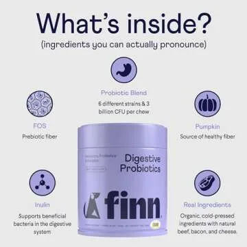 Finn Digestive Probiotics for Dogs - Complete Digestive System Support with Pumpkin, Prebiotics, & Live Probiotics - Vet Recommended & Made in The USA - 90 Soft Chews