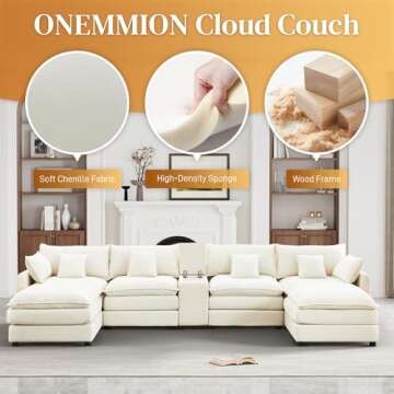 ONEMMLION 145" U Shaped Cloud Couch Sectional for Living Room, Oversized Modern Modular Sofa with Movable Ottoman, Comfy Fluffy Chenille 6 Seat Sofa Set with Central Console & USB Ports, White