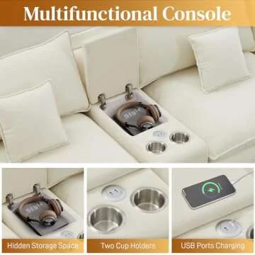 ONEMMLION 145" U Shaped Cloud Couch Sectional for Living Room, Oversized Modern Modular Sofa with Movable Ottoman, Comfy Fluffy Chenille 6 Seat Sofa Set with Central Console & USB Ports, White