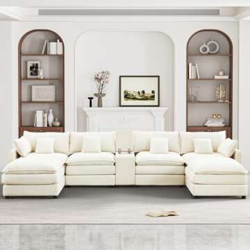 ONEMMLION 145" U Shaped Cloud Couch Sectional for Living Room, Oversized Modern Modular Sofa with Movable Ottoman, Comfy Fluffy Chenille 6 Seat Sofa Set with Central Console & USB Ports, White