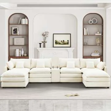 ONEMMLION 145" U Shaped Cloud Couch Sectional for Living Room, Oversized Modern Modular Sofa with Movable Ottoman, Comfy Fluffy Chenille 6 Seat Sofa Set with Central Console & USB Ports, White