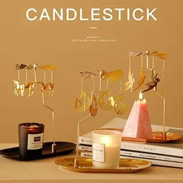 Creahaus Spinning Candle Holder with Tray, Glod Carousel Candle Spinner, Rotating Metal Tea Light Candle Holder for Table Centerpiece, Christmas, Valentine's Day, Party Decor, Gift (Gold Elves)
