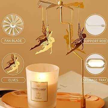 Creahaus Spinning Candle Holder with Tray, Glod Carousel Candle Spinner, Rotating Metal Tea Light Candle Holder for Table Centerpiece, Christmas, Valentine's Day, Party Decor, Gift (Gold Elves)