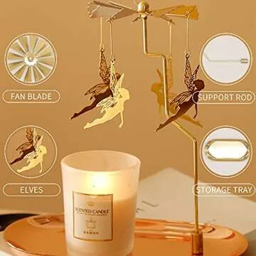 Creahaus Spinning Candle Holder with Tray, Glod Carousel Candle Spinner, Rotating Metal Tea Light Candle Holder for Table Centerpiece, Christmas, Valentine's Day, Party Decor, Gift (Gold Elves)