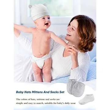 Baby Hats Mittens and Socks Set Including 3 Pieces Cute Newborn Hats Bear Ears Infant Beanies Caps 6 Pieces No Scratch Baby Mittens and 6 Pieces Non-Slip Baby Ankle Socks for Boys and Girls