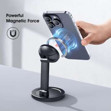 ABSKRYO Magnetic Phone Stand for Desk Mag-Safe Phone Holder Adjustable Angle Phone Stand with 360° Rotation Folding Cell Phone Stand Compatible with iPhone 16 15 14 13 12 Series