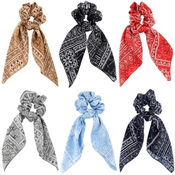 Cutewing Hair Scarf Ties Ponytail with 6PCS Scarf-Scrunchies, Paisley Flower Printing, Chiffon Mater...
