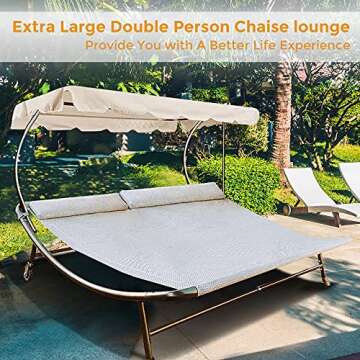Abba Patio Double Chaise Lounge Outdoor with Adjustable Canopy and Pillow Extra Large Patio Hammock Bed Wheeled for Outside, Sun Room, Garden, Courtyard, Pool, 6.6'L x 6.5'W, Cream