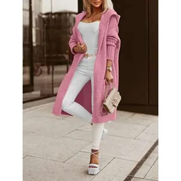 Aoysky Womens Long Cardigans Cable Knitted Open Front Oversized Hooded Outerwear Sweater Coat Pink