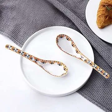 Porcelain 6.5inch Soup Spoons, Set of 4, Asian Soup Spoon for Appetizer Sushi Wonton Soba Rice Pho Ramen Noodle, Vibrant Orange, BOHO Style (6.5 inch)