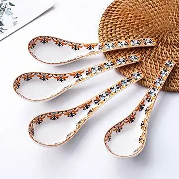 Porcelain 6.5inch Soup Spoons, Set of 4, Asian Soup Spoon for Appetizer Sushi Wonton Soba Rice Pho Ramen Noodle, Vibrant Orange, BOHO Style (6.5 inch)