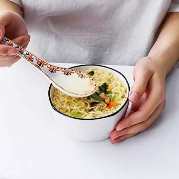 Porcelain 6.5inch Soup Spoons, Set of 4, Asian Soup Spoon for Appetizer Sushi Wonton Soba Rice Pho Ramen Noodle, Vibrant Orange, BOHO Style (6.5 inch)