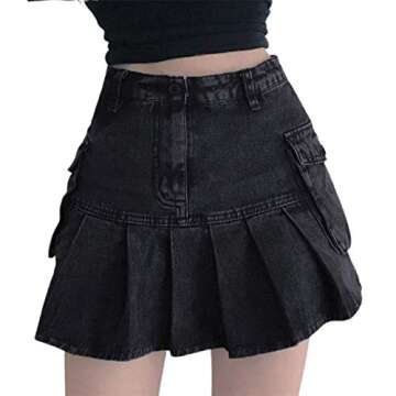 Fashion High Waist Pleated Ruffle Denim Skirt for Women School Uniform A-line Mini Skirt with Lining...