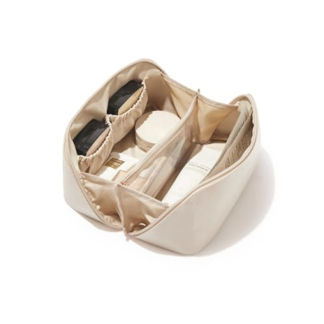 EACHY Travel Makeup Bag, Large Capacity Cosmetic Bags for Women, Waterproof Portable Open Flat Toiletry Bag Make up Bag with Divider and Handle, Christmas Gifts (White, Medium)