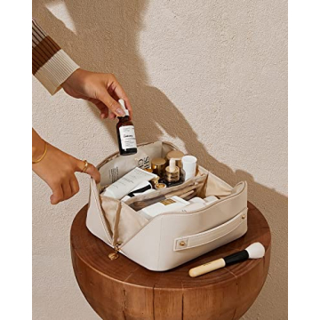 EACHY Travel Makeup Bag, Large Capacity Cosmetic Bags for Women, Waterproof Portable Open Flat Toiletry Bag Make up Bag with Divider and Handle, Christmas Gifts (White, Medium)